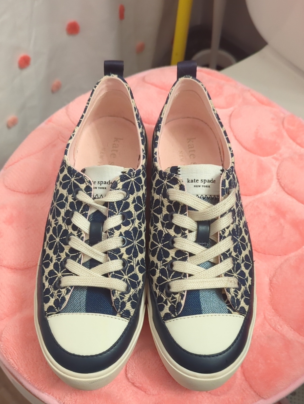 kate spade Navy Floral Pattern Lace-Up Sneakers with Cream Accents